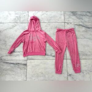 H&M Girls Velour 2 Piece Set Pink Barbie Logo Rhinestone Hoodie Pants Size 6 Y2K